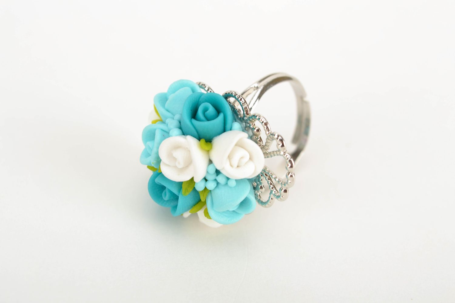 Polymer clay ring with turquoise roses photo 3