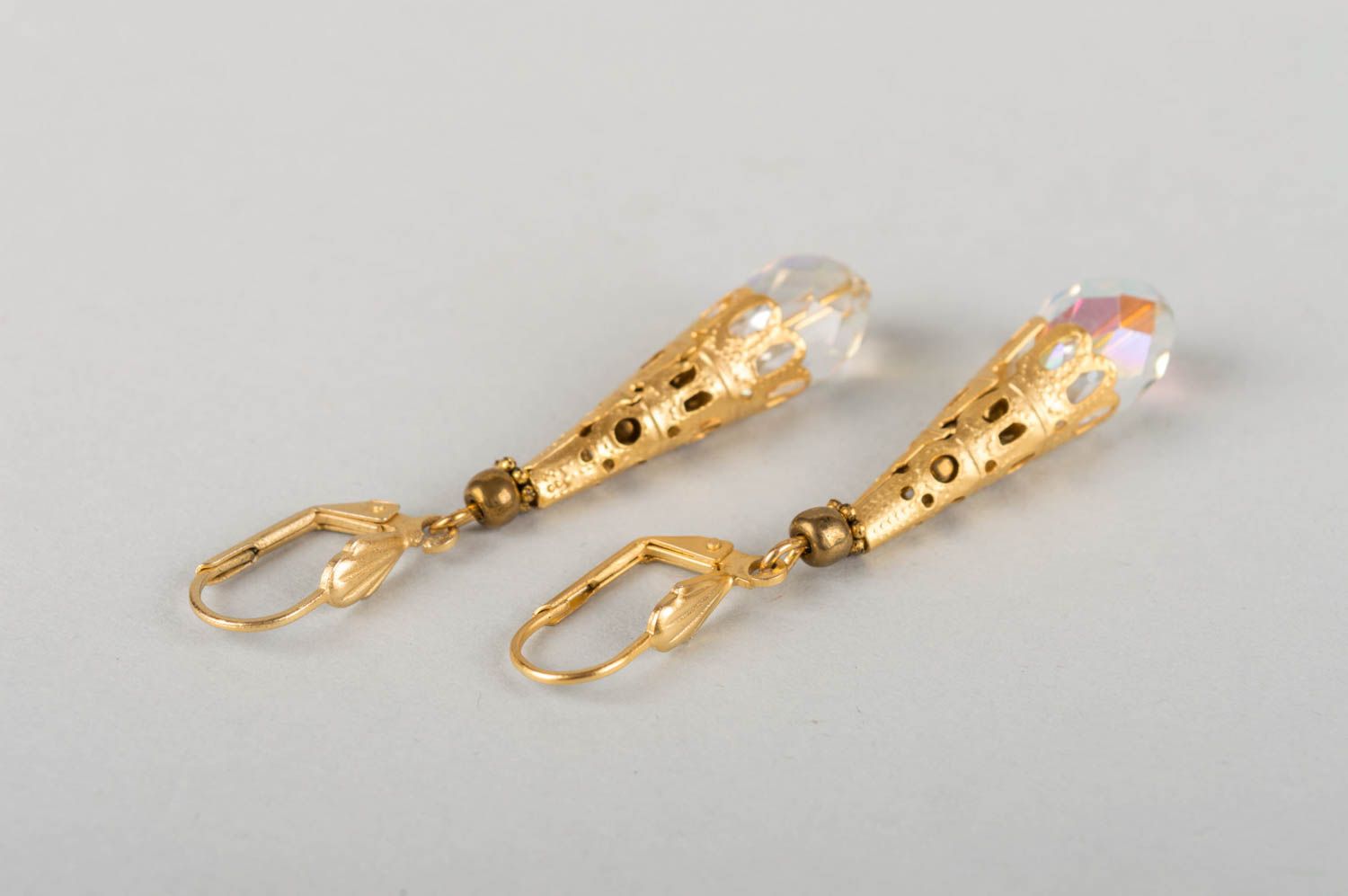 Handmade elegant long brass earrings with crystal beads designer women's jewelry photo 4