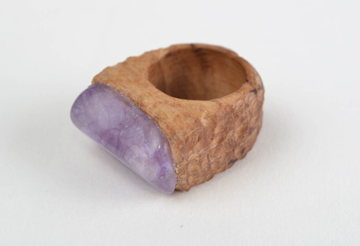 Handmade stylish jewelry ring carved of wood with natural tender violet stone photo 3