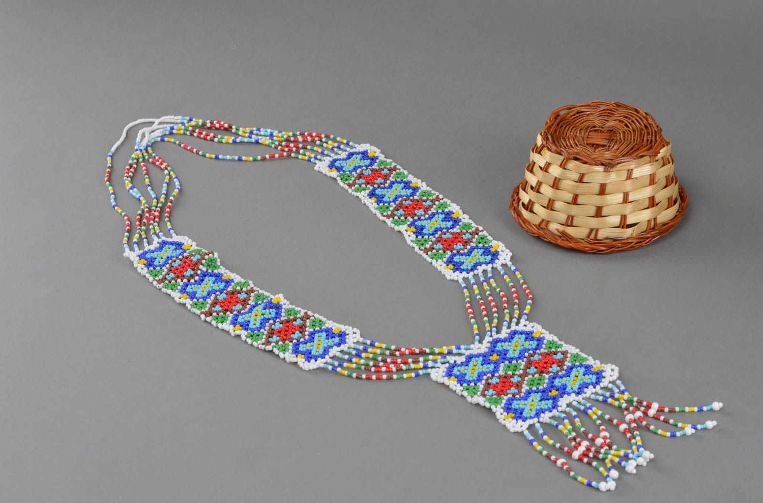 Collier en perles de rocaille multicolore fait main large long style ethnique photo 1