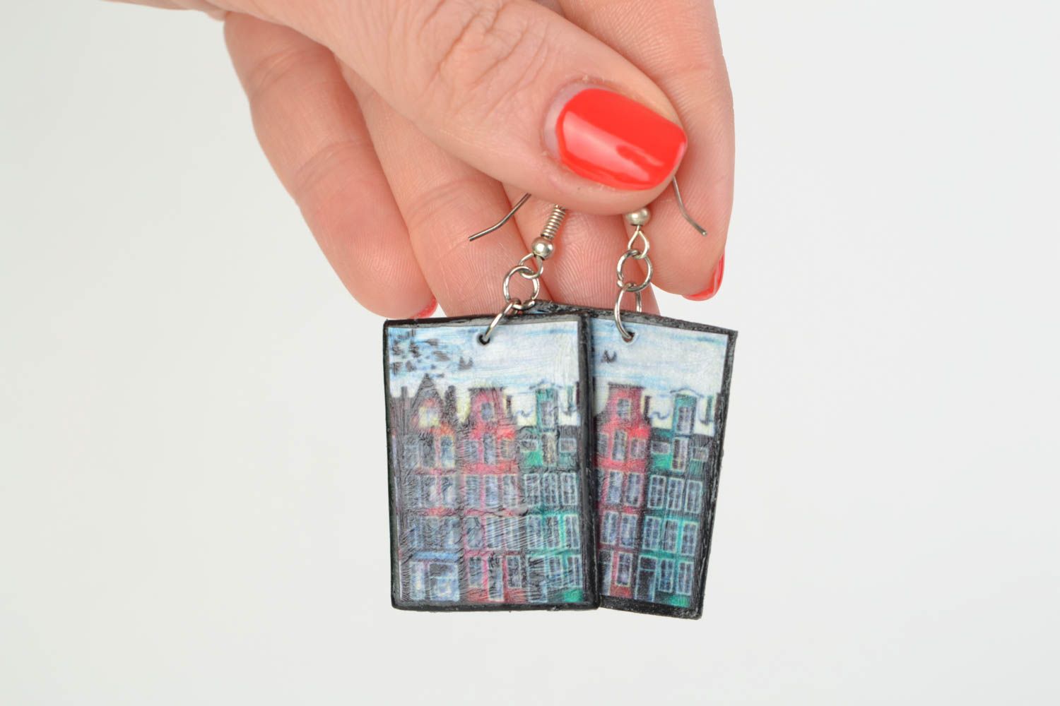 Handmade large earrings with charms made of polymer clay decorated with decoupage photo 2