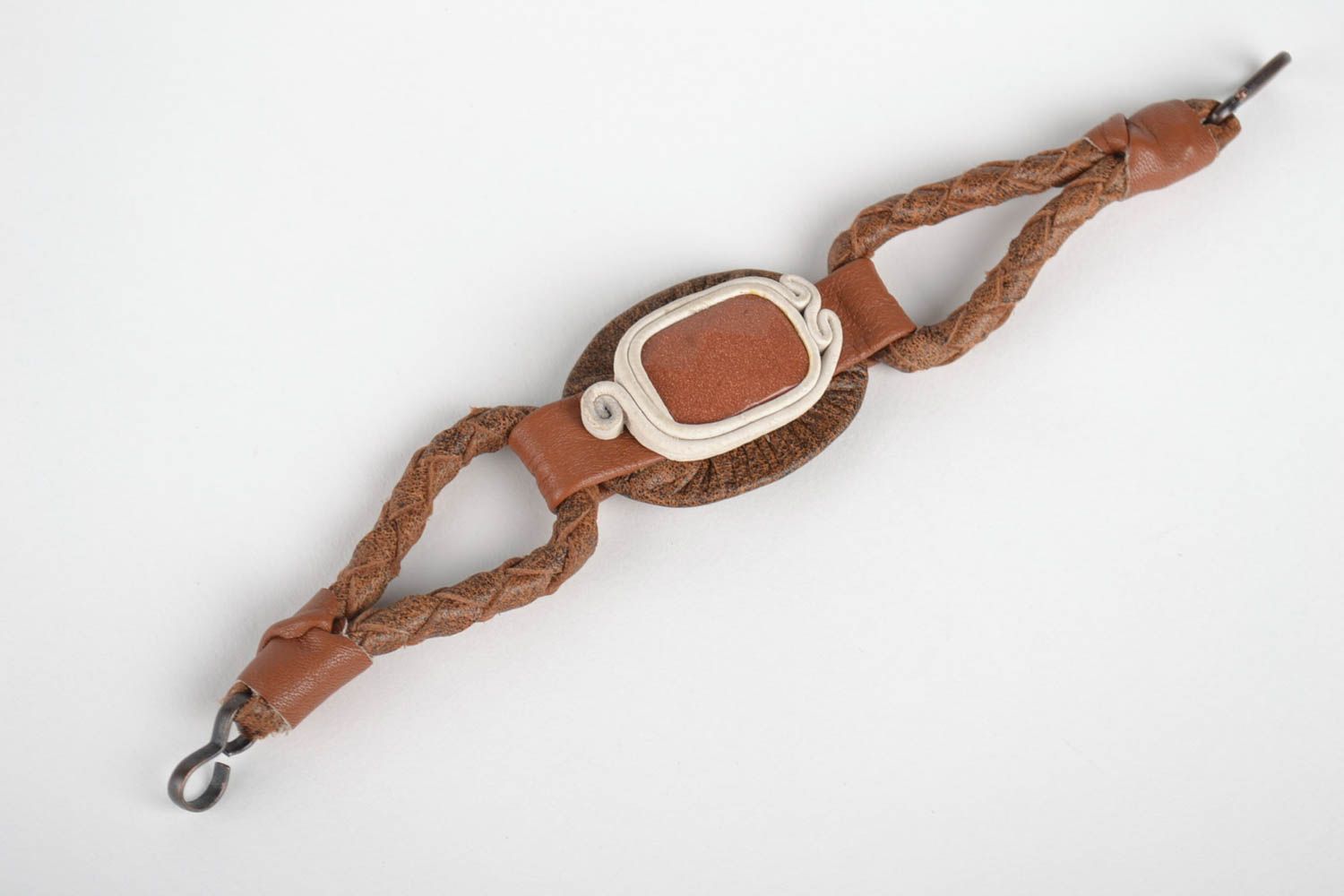 Handmade leather bijouterie designer textile bracelet with goldstone accessories photo 2