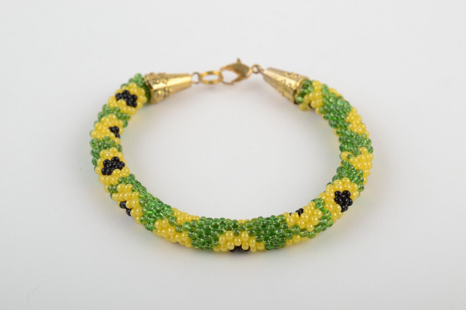 Joli bracelet crocheté de perles de rocaille original vert jaune fait main photo 4