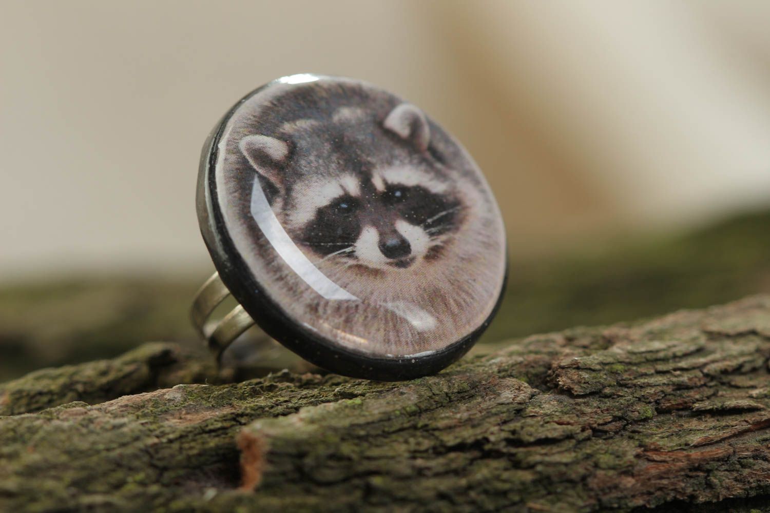 Stylish handmade round glass glaze ring with raccoon image photo 1