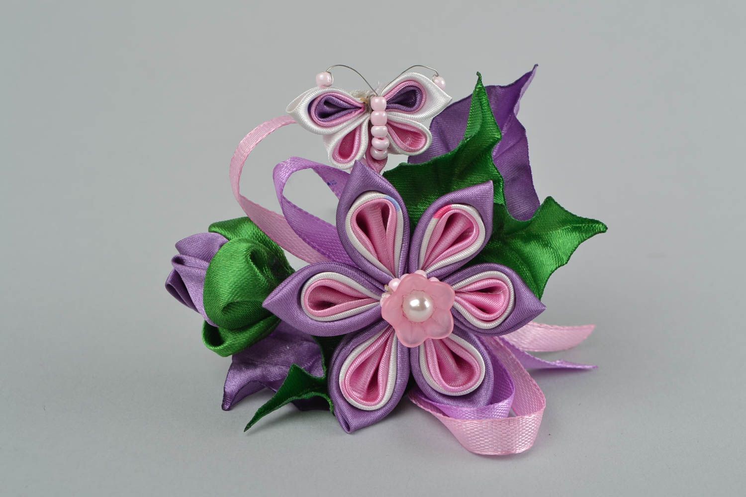 Kanzashi Haarnadel mit Blumen in Violett handgemacht originell schön groß  foto 2