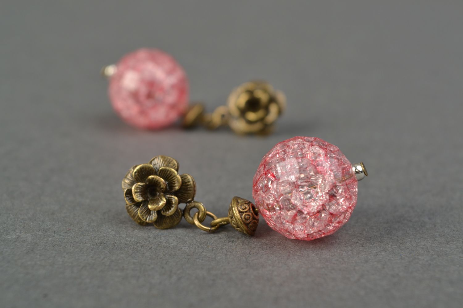 Beaded stud earrings with charms Pink Balls photo 1