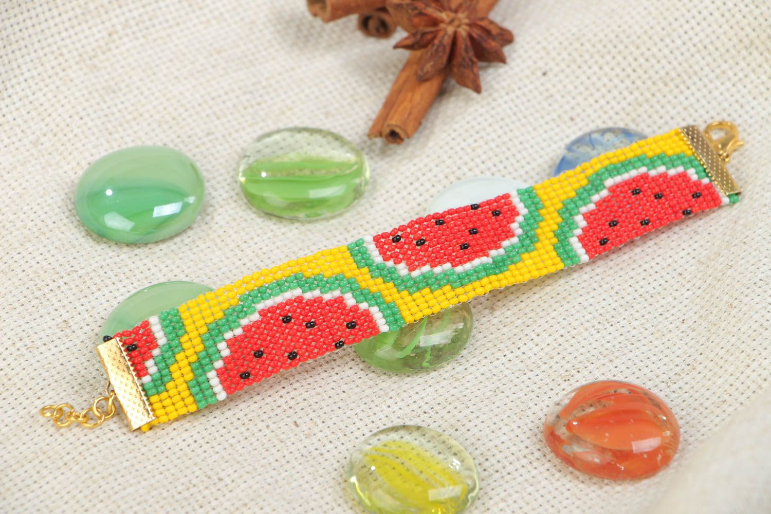 Beaded hand-woven bright bracelet with pattern of yellow watermelon present for girl photo 1