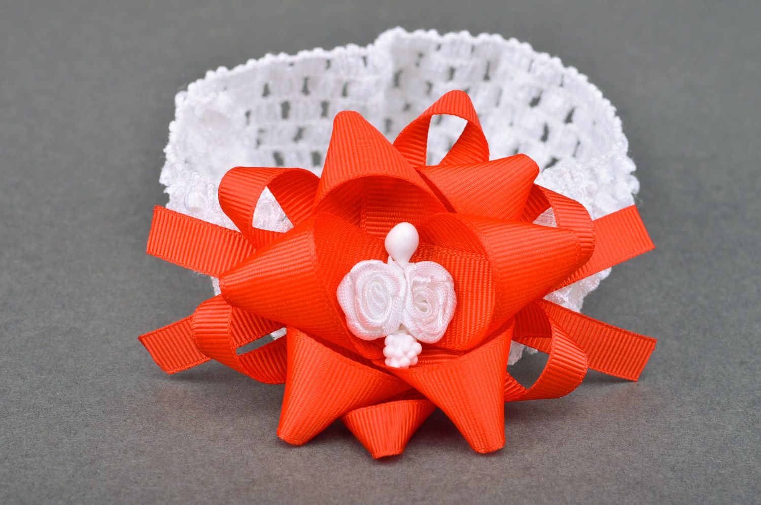 Beautiful handmade white lace headband with red flower with beads for babies photo 3