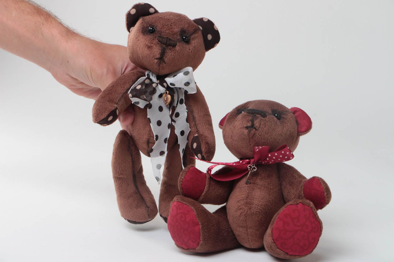Set of 2 handmade designer soft toys funny brown bears with bows for children photo 5