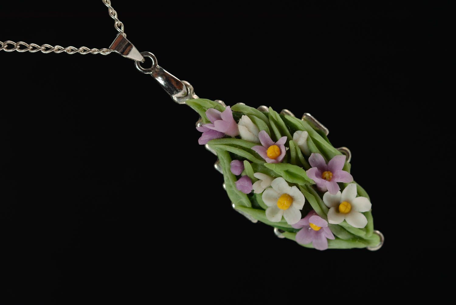 Unusual handmade polymer clay flower neck pendant designer women's jewelry photo 1