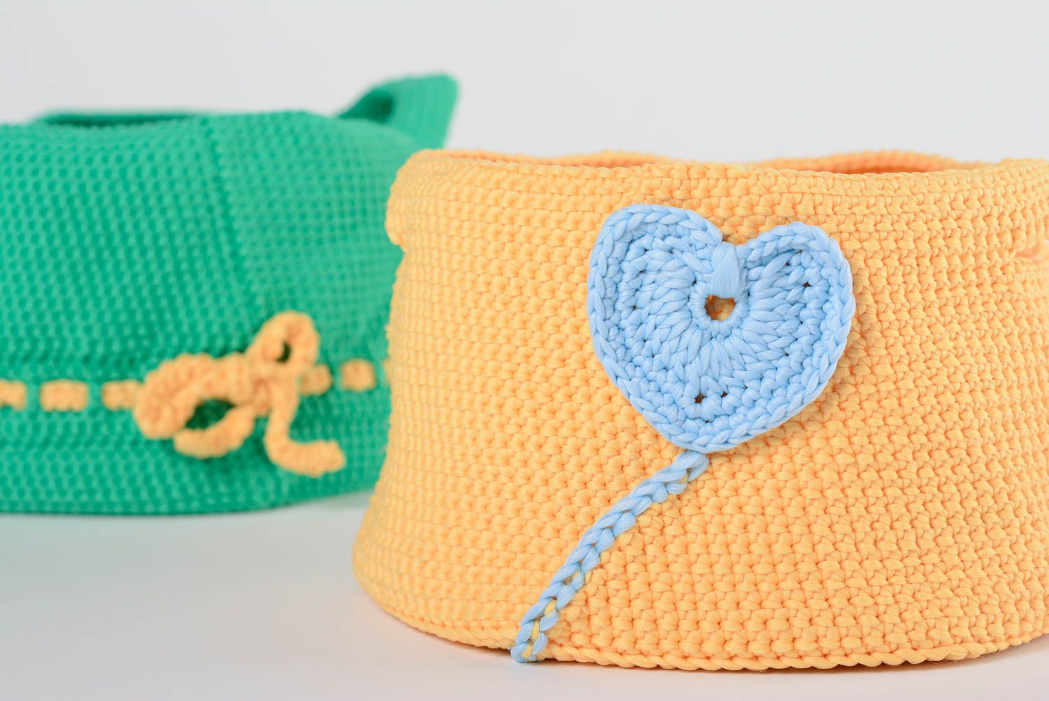 Handmade decorative small orange crochet basket with blue heart decor and handles photo 5