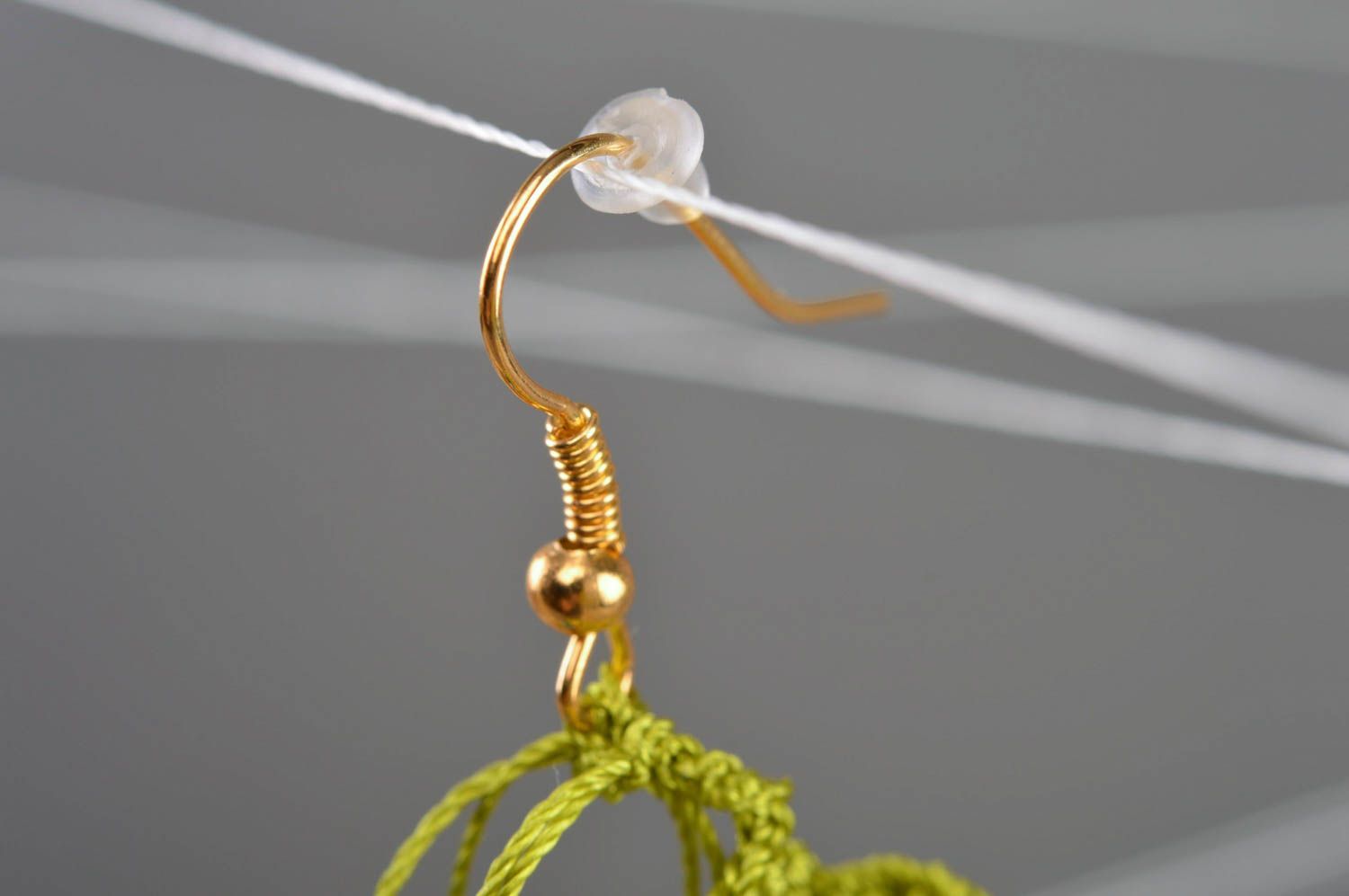 Green thread earrings with beads beautiful gentle handmade summer accessory photo 3