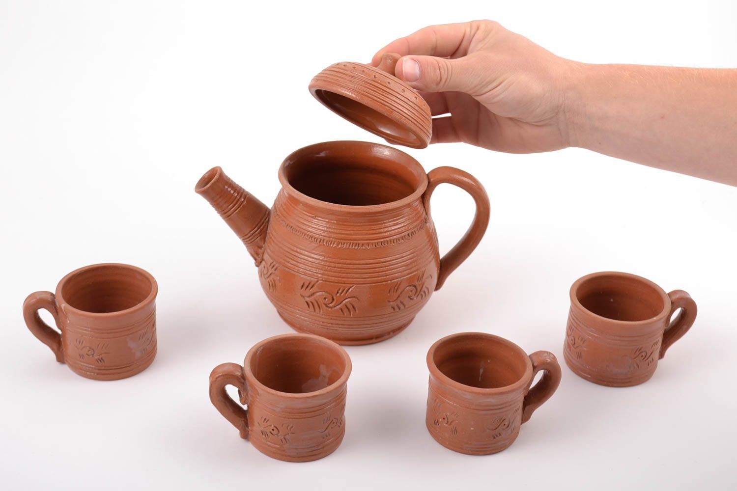 Чайный сервиз ручной работы 4 чашки и заварник глиняные красивые с орнаментом фото 2