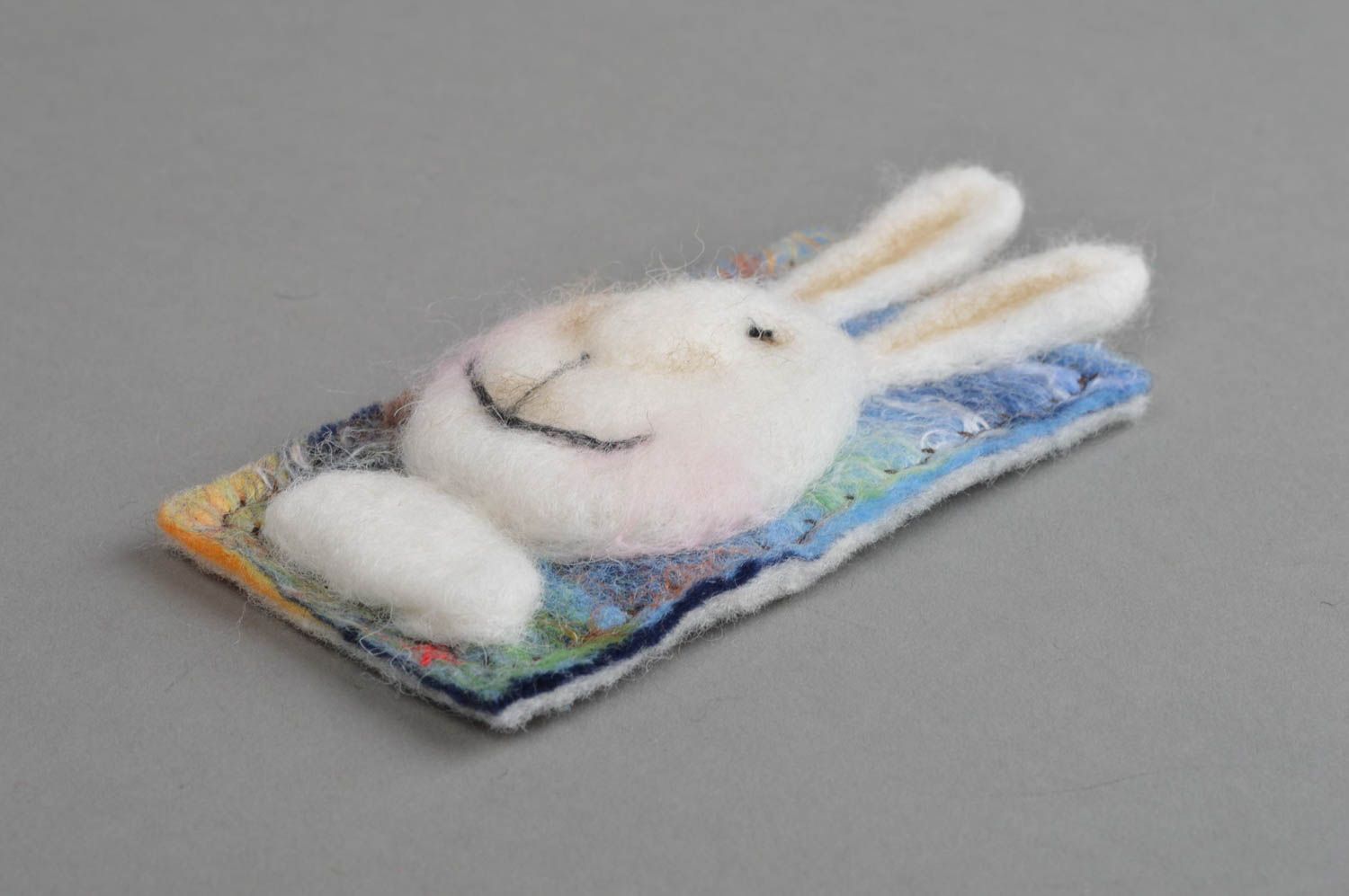Wool felting fridge magnet with white bunny small beautiful handmade home decor photo 2