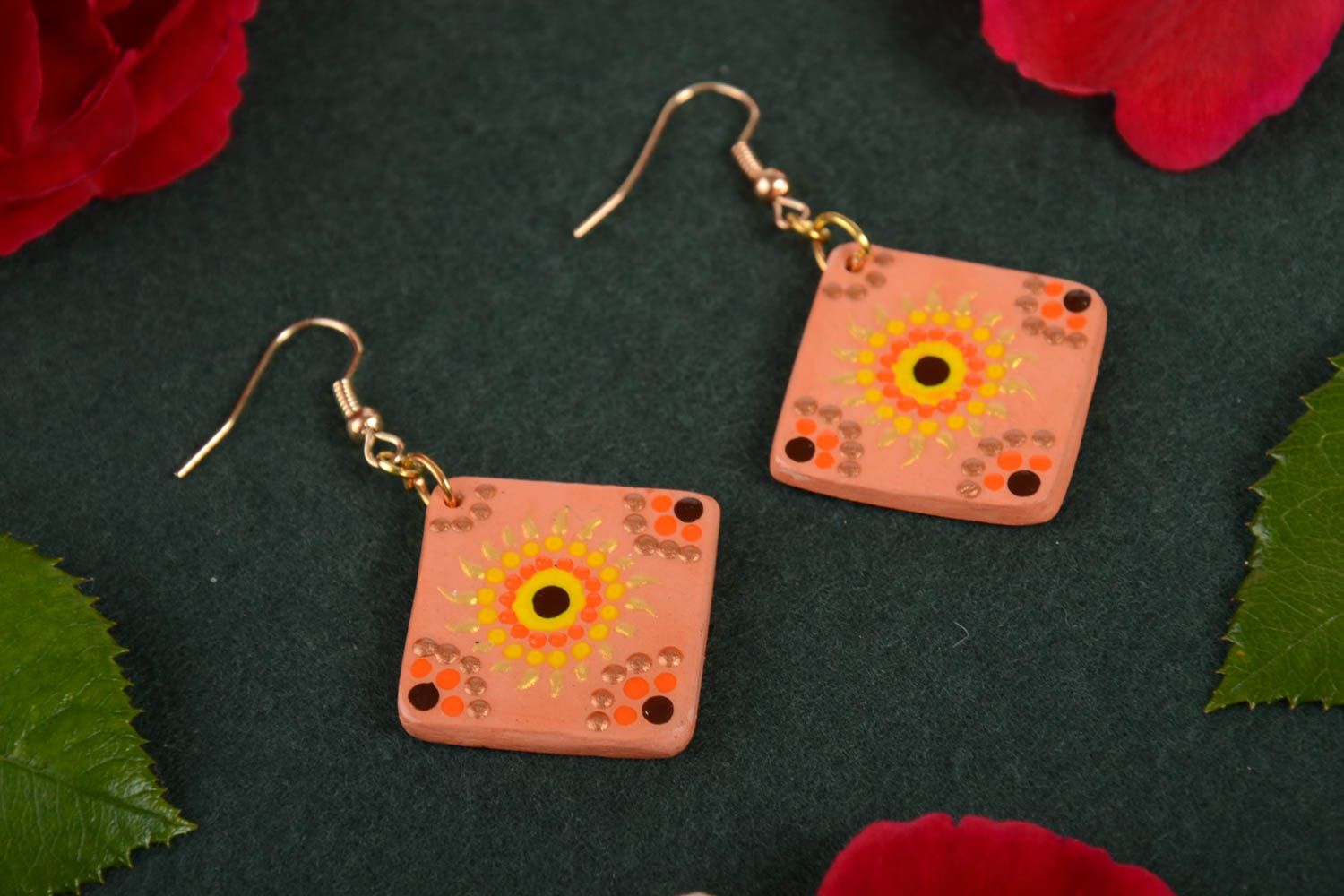 Handmade clay earrings ceramic earrings with painting earrings with charms photo 1