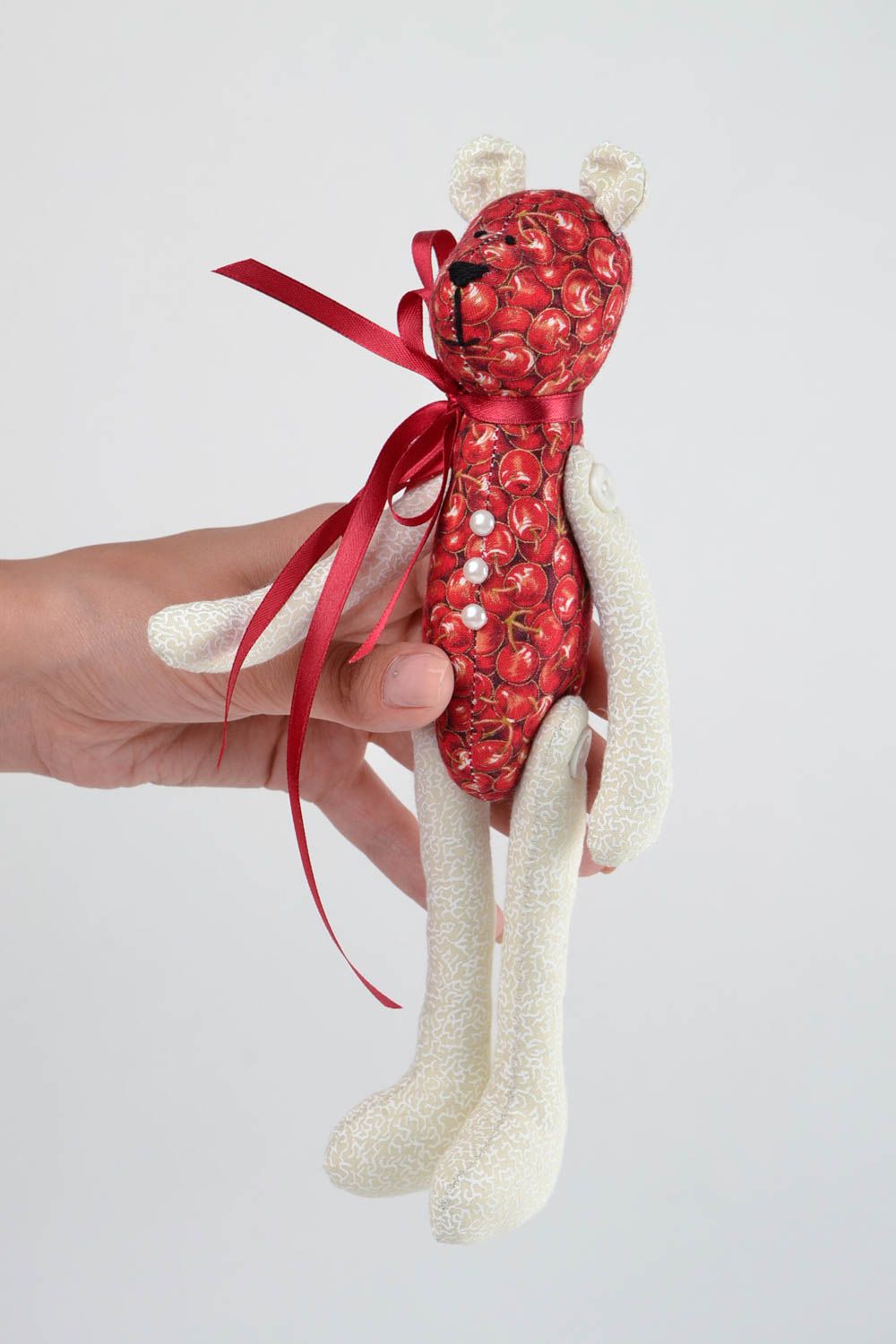 Peluche Ours en tissu de coton faite main blanc-rouge Cadeau pour enfant photo 2