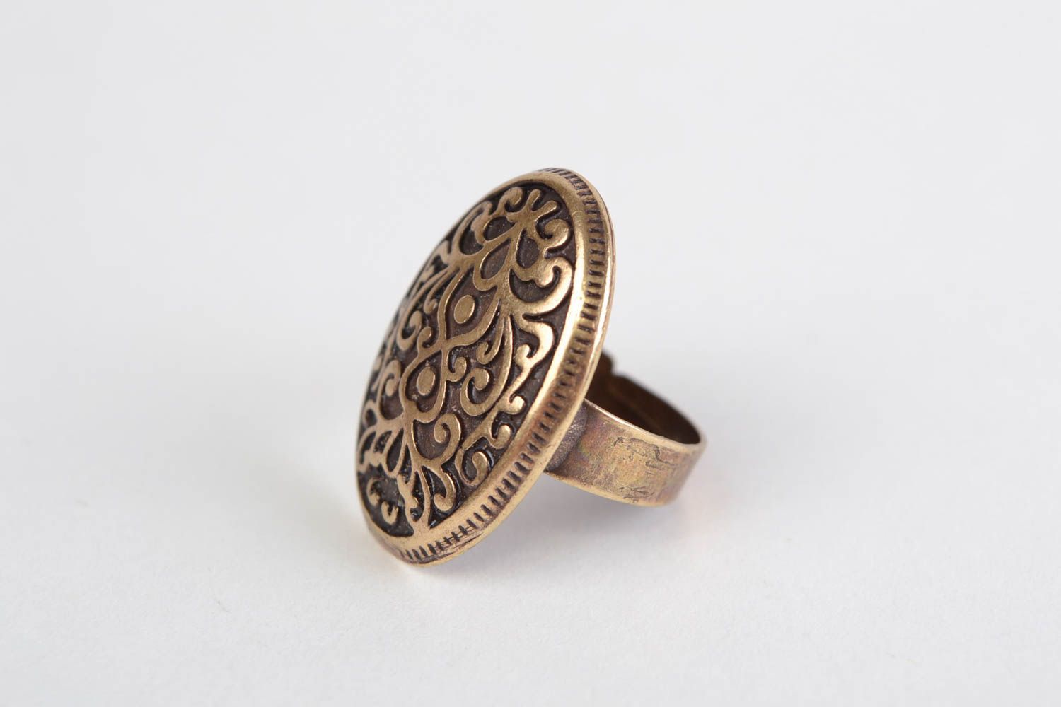 Handmade oval jewelry ring cast of metal alloy with ornament in ethnic style photo 3