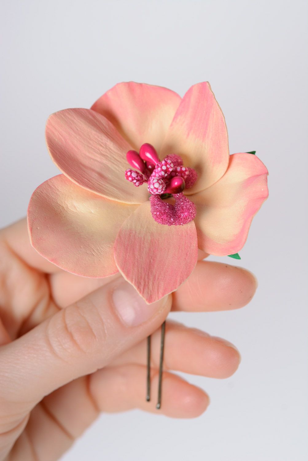 Handmade plastic hair pin made of suede and foamiran with orchid flower photo 3