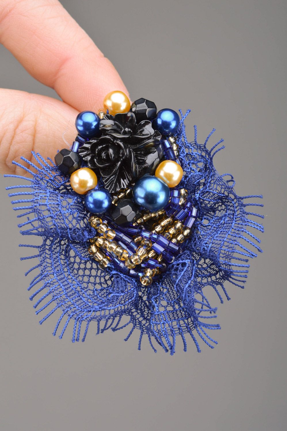 Handmade massive beaded stud earrings with lace in black and dark blue colors photo 4