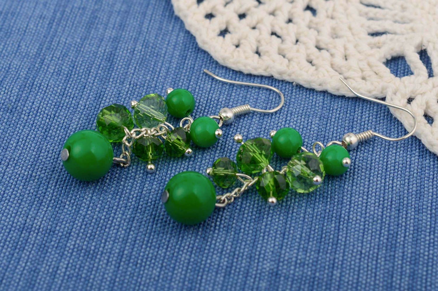 Handmade designer long dangle earrings with green plastic and crystal beads photo 1