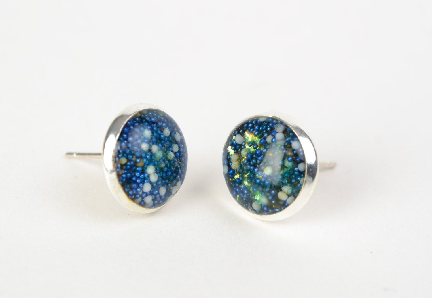 Blue round handmade earrings with spangles coated with jewelry glaze for every day photo 4