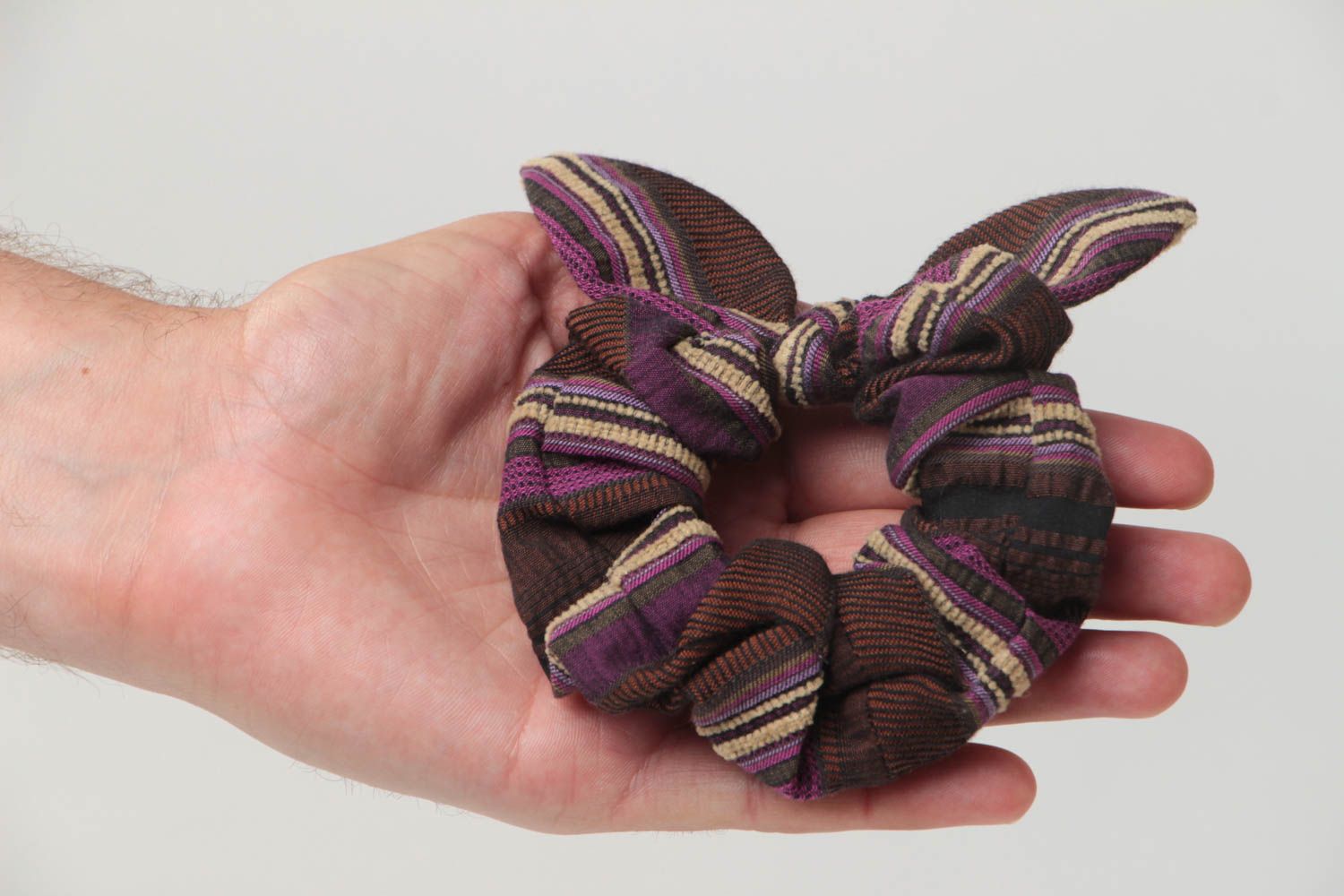 Handmade decorative striped fabric hair band in brown color palette with bow photo 5