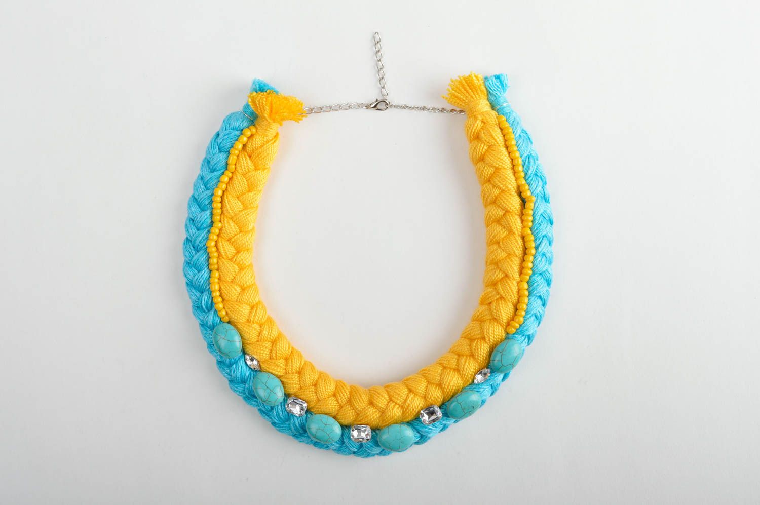 Ожерелье из ниток украшения ручной работы длинные серьги желтые с голубым фото 3