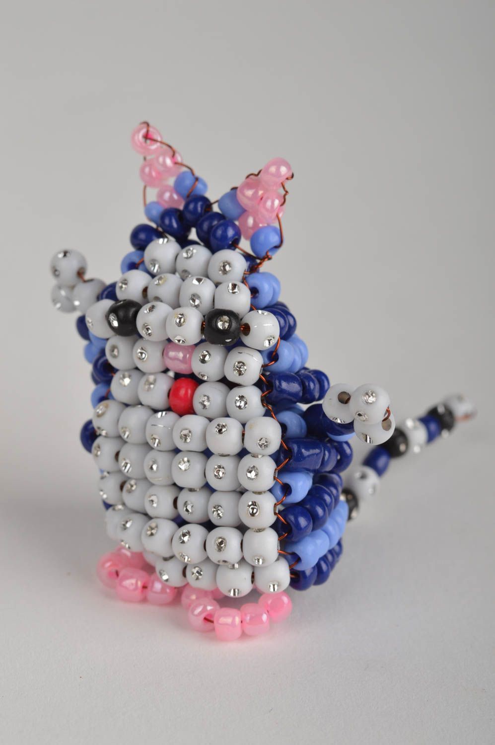 Beautiful funny handmade blue finger puppet toy cat woven of Chinese beads photo 3