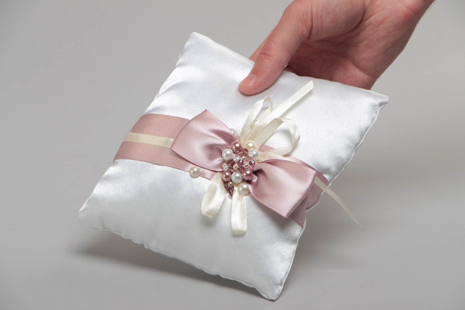 Beautiful white handmade designer satin ring bearer pillow with bow and beads photo 5