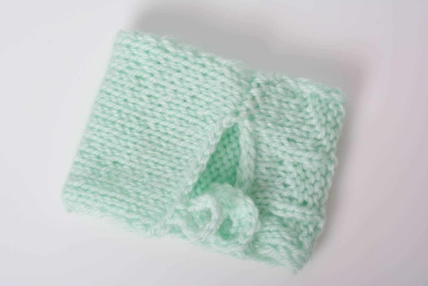 Handmade crocheted beautiful case for cup made of acrylic yarns of mint color photo 4