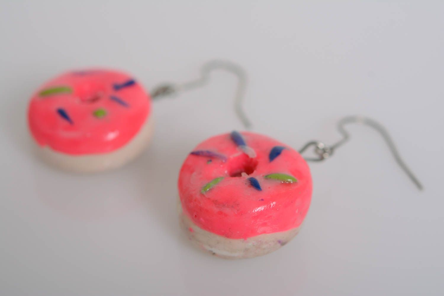 Handmade designer earrings with pendants made of polymer clay pink donuts photo 3