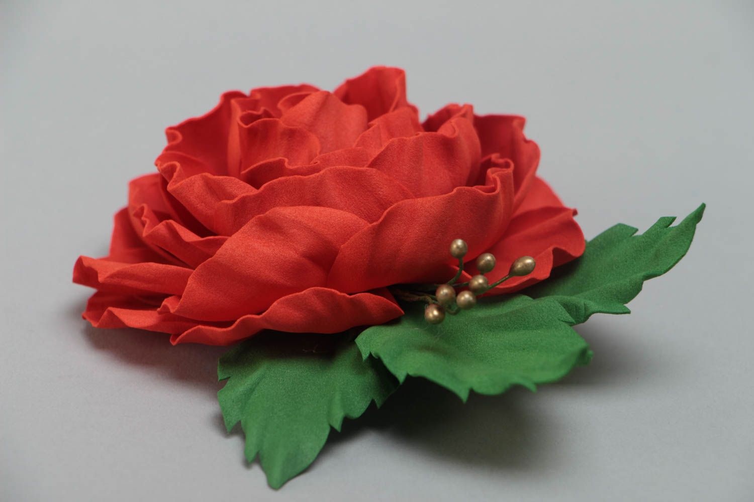 Handmade designer brooch with large volume foamiran flower of deep red color photo 3