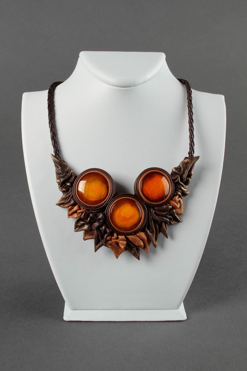 Leather necklace handmade gift jewelry made of horn amber design necklace  photo 1