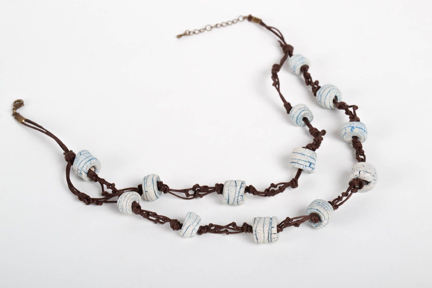 Beaded necklace handmade designer accessory ceramic bijouterie with waxed lace photo 4