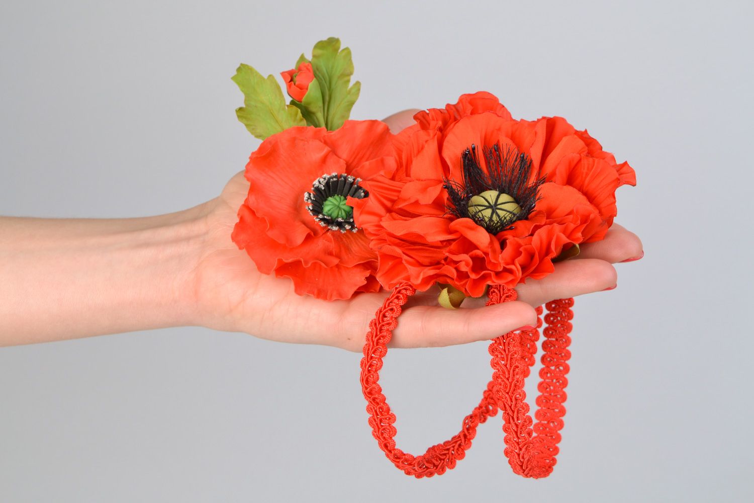 Set of handmade fabric flower hair accessories Poppies photo 2