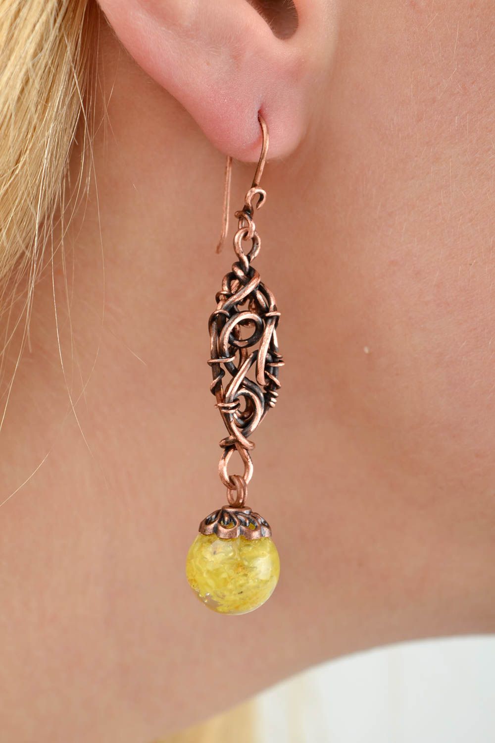 Handgemachte lange Ohrhänger Metall Schmuck Ohrringe für Damen aus Kupfer schön foto 2