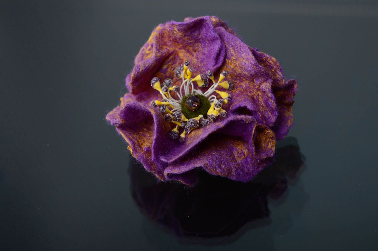 Silk and wool brooch hairpin with beads Lilac Flower photo 1
