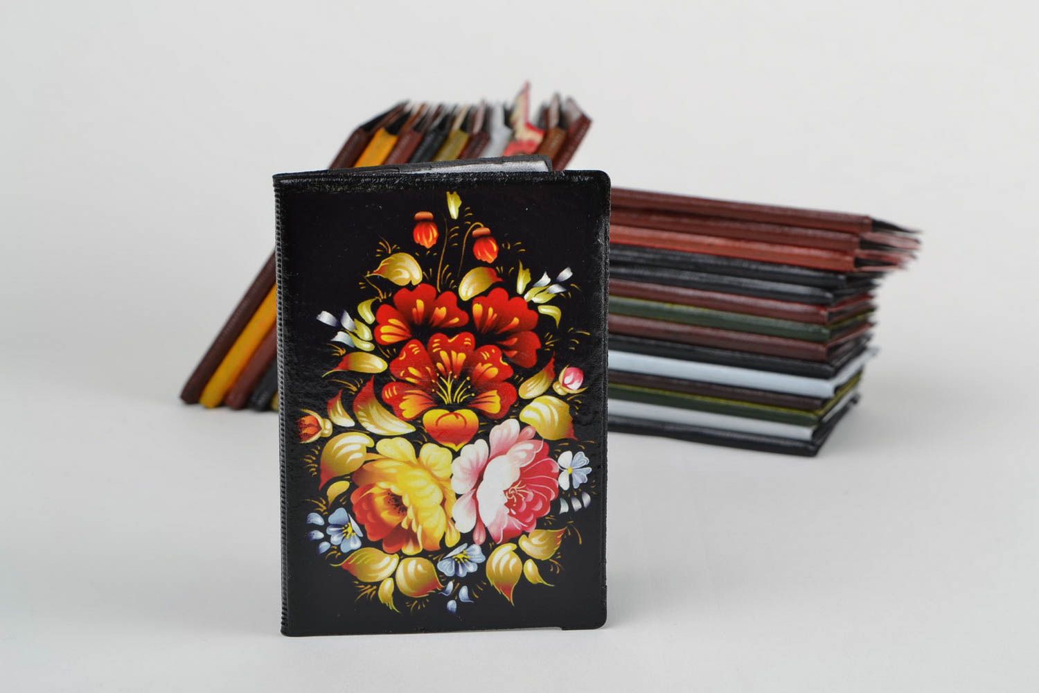 Handmade black faux leather passport cover with decoupage image bright flowers photo 1