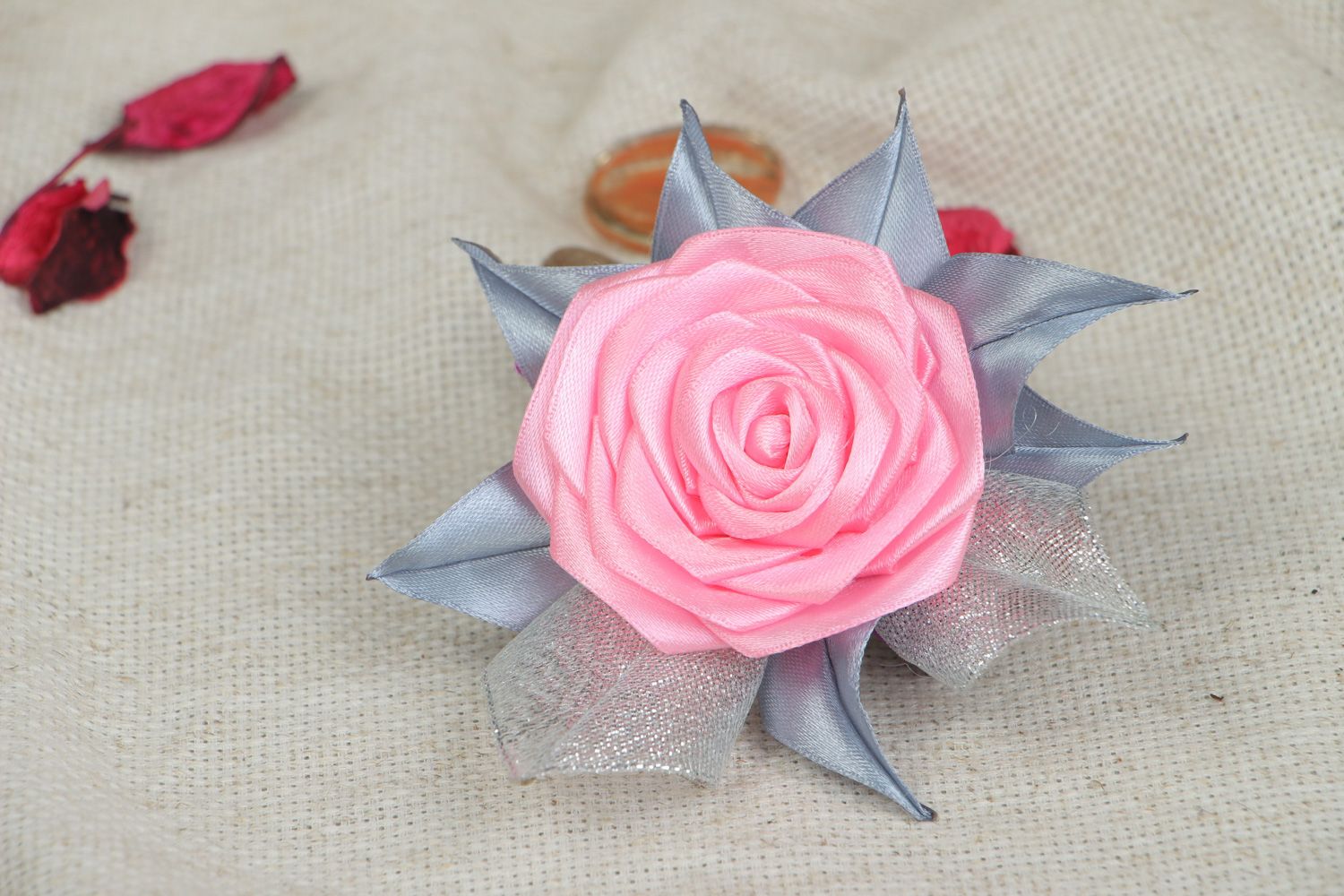 Designer metal hair clip with flower hand made using kanzashi technique photo 5