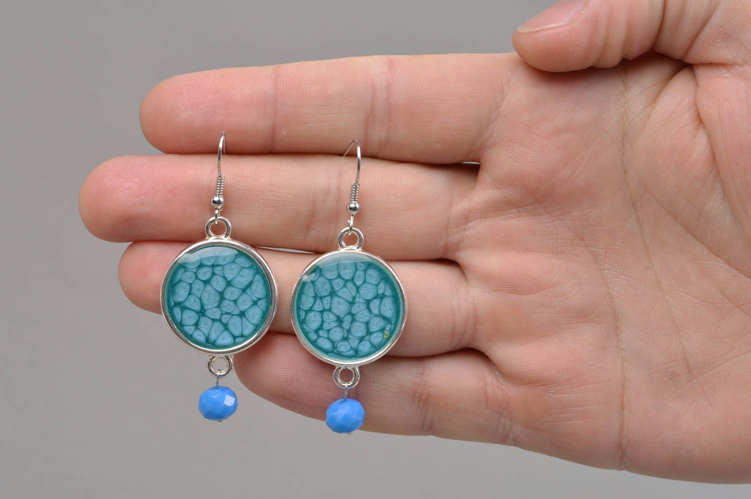 Blue handmade decoupage earrings with jewelry resin and bead photo 3