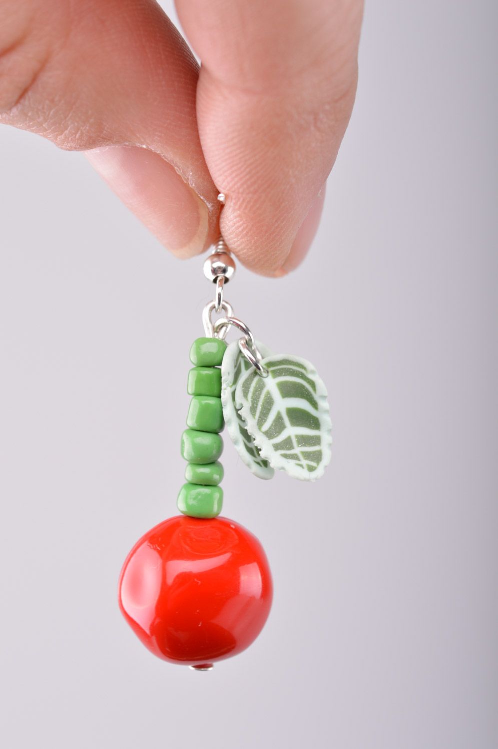 Homemade long polymer clay earrings with charms in the shape of cherries photo 1