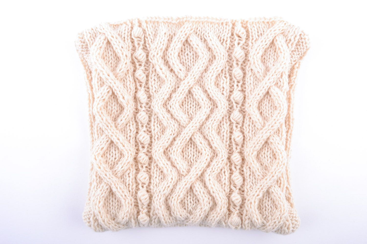 Handmade rough knitted semi-woolen pillow case of beige color for interior decor photo 2