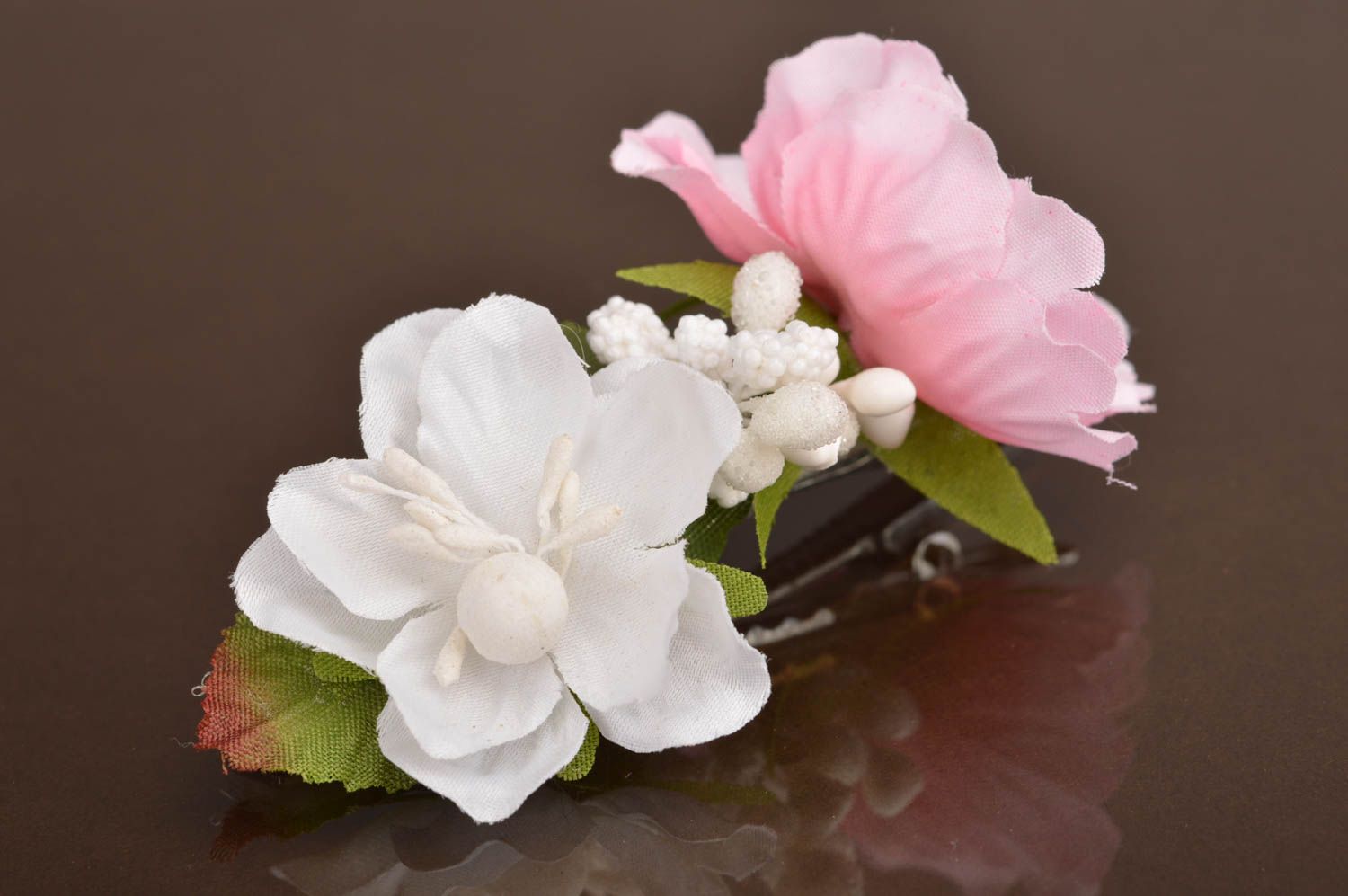 Grande barrette à cheveux fleurs blanc rose faite main originale pour fille photo 2