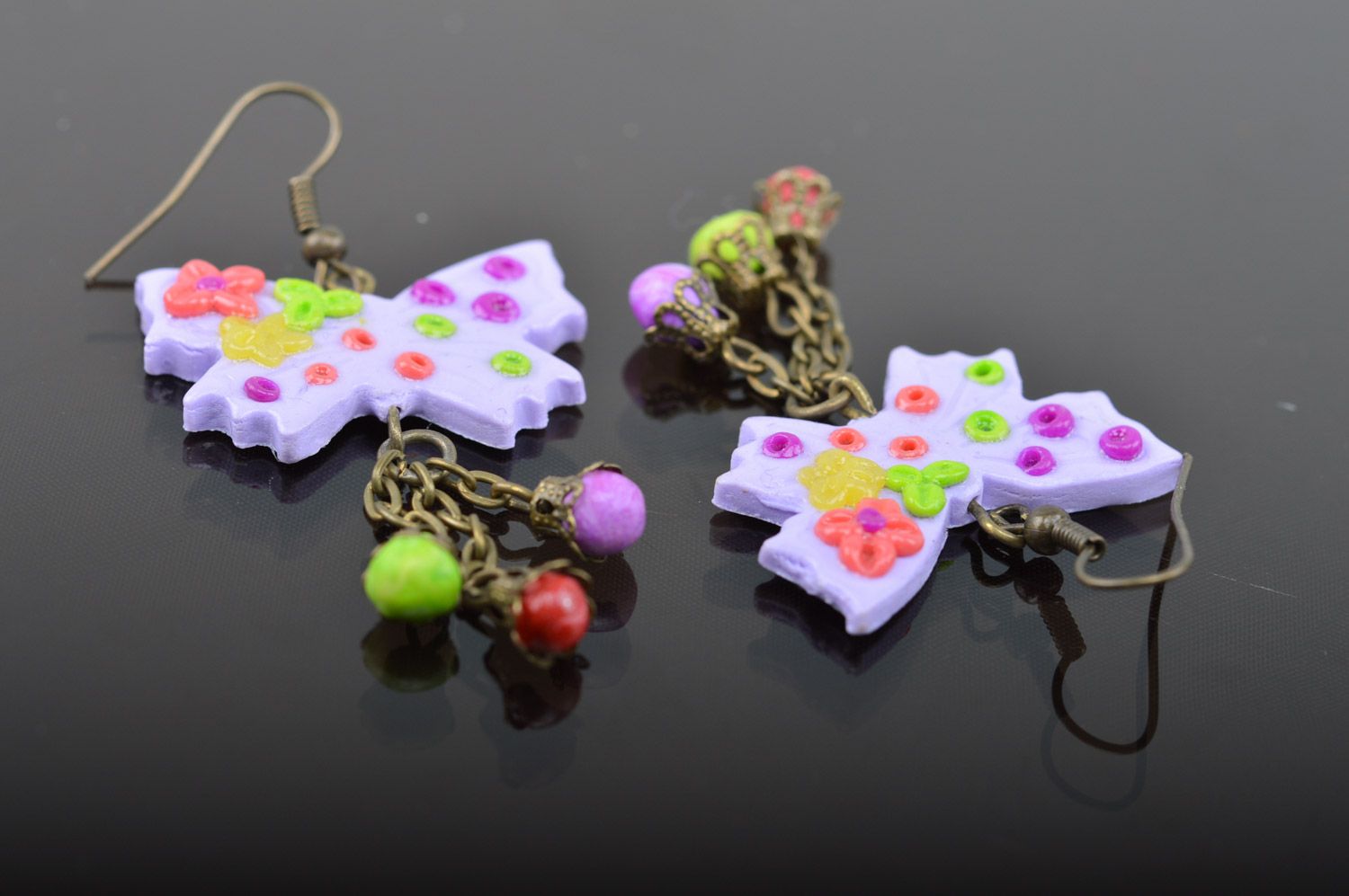 Handmade bright women's polymer clay earrings with charms in the shape of butterflies photo 5