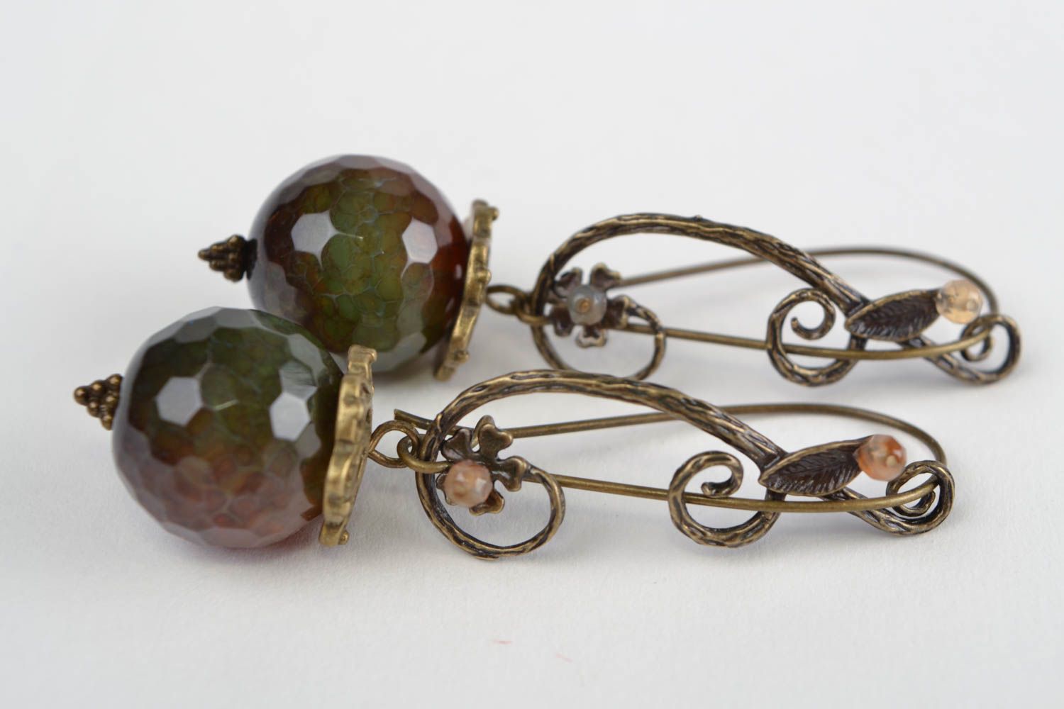Handmade dangling earrings with fancy metal fittings and snake agate stone beads photo 2