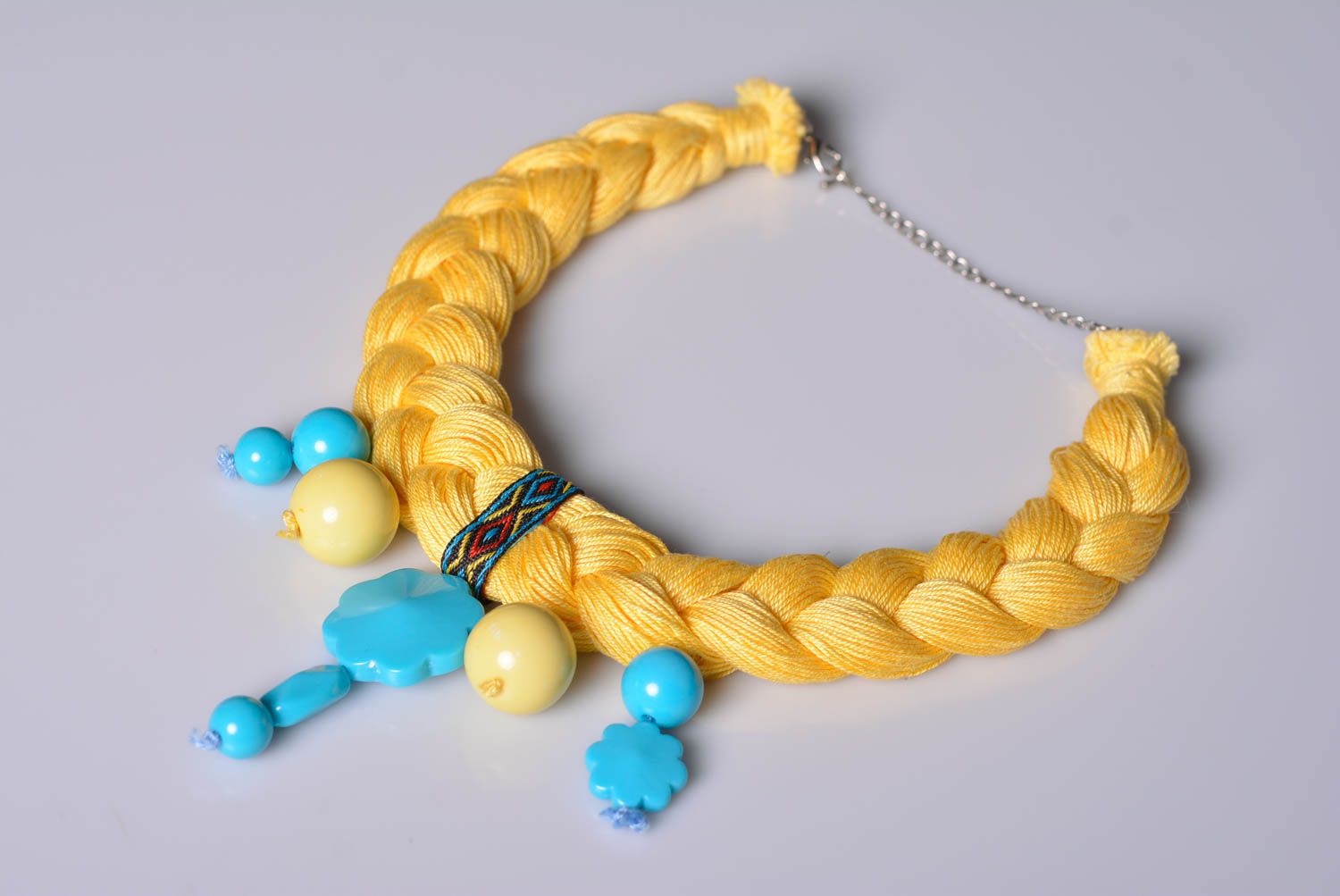 Колье коса ручной работы украшение на шею желтое с голубым модная бижутерия фото 1