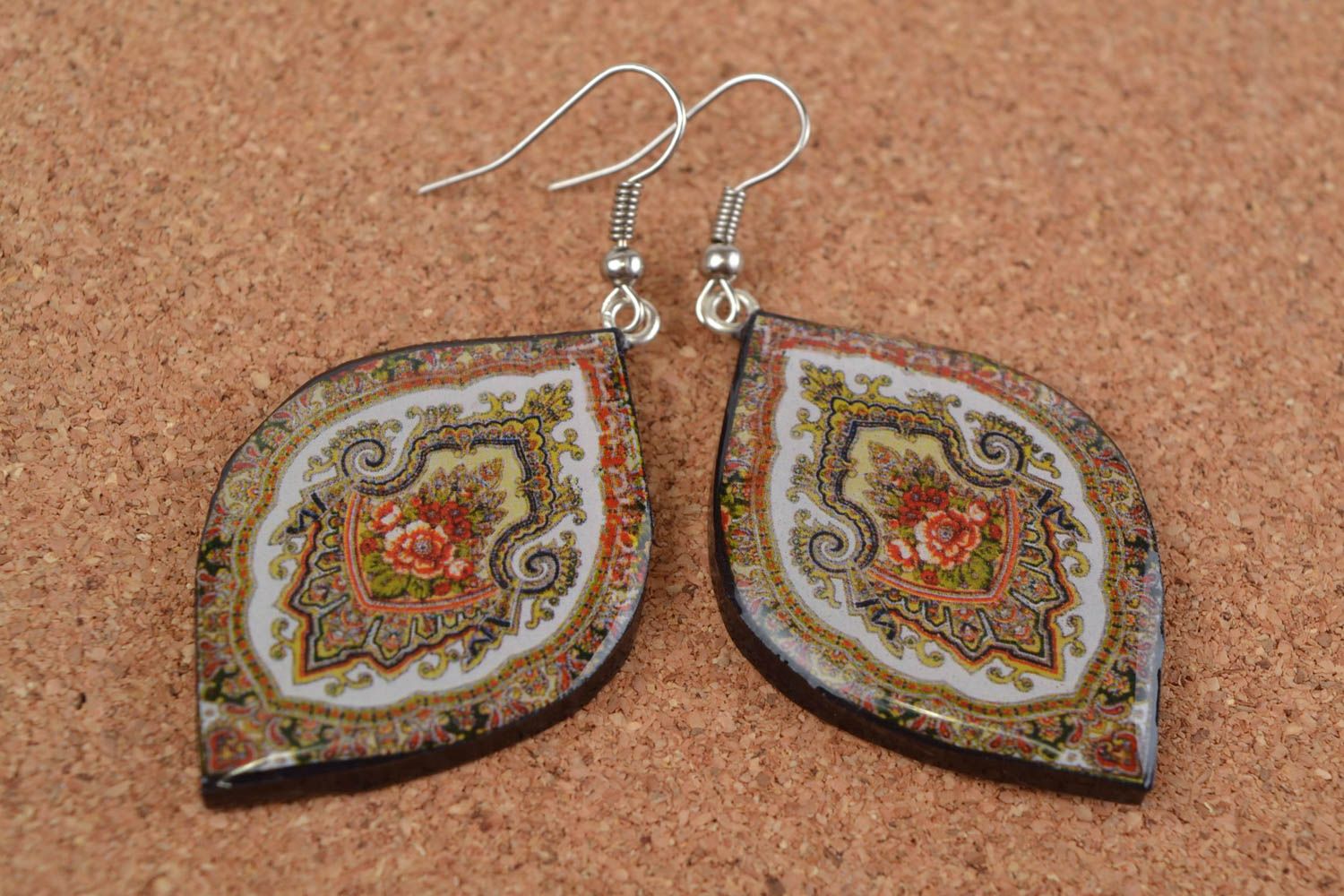 Handmade designer polymer clay dangling earrings with decoupage large ornamented photo 1