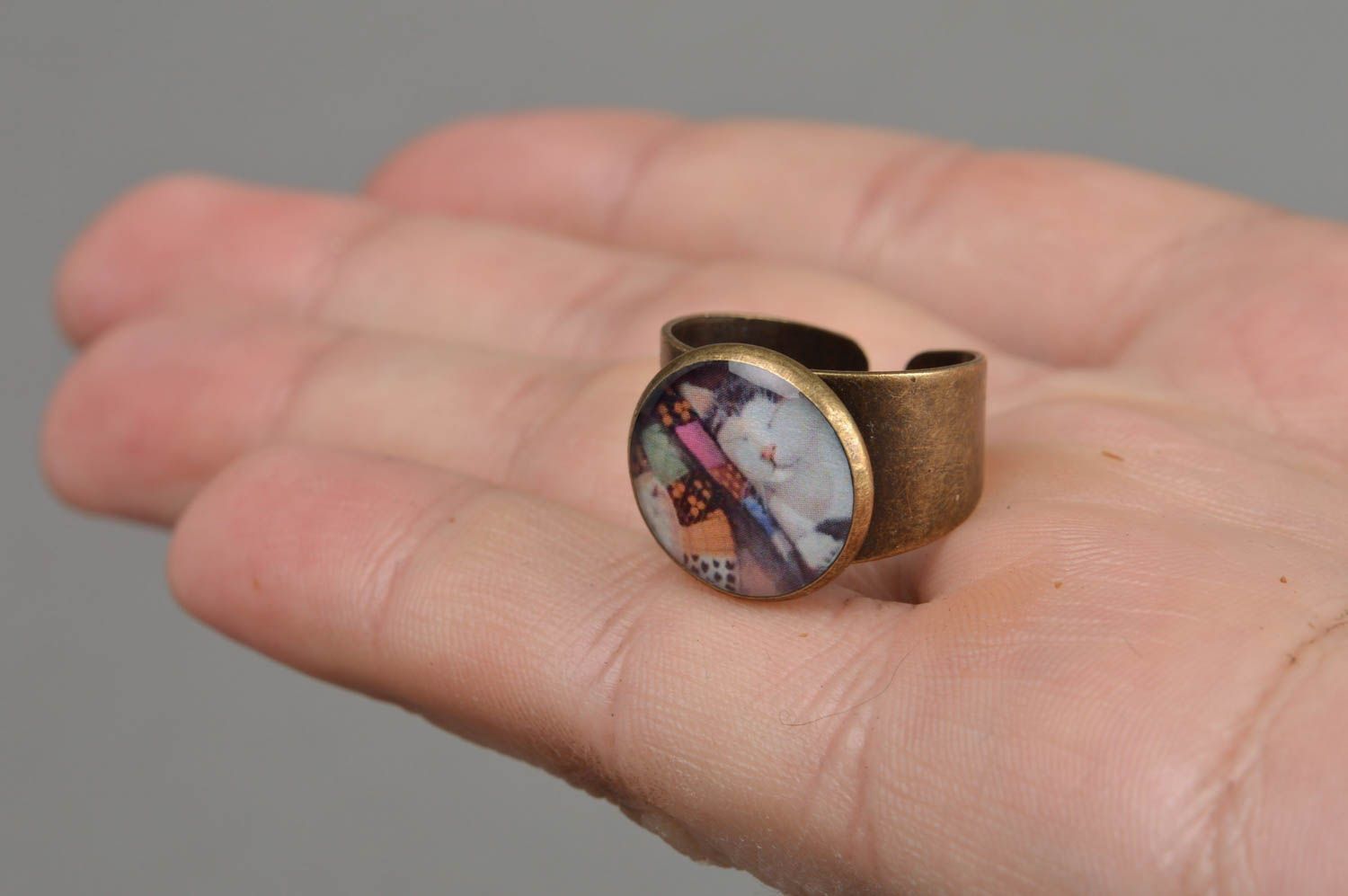 Decoupage Ring mit Epoxidharz Vintage Kater schön handgefertigt einzigartig toll foto 4