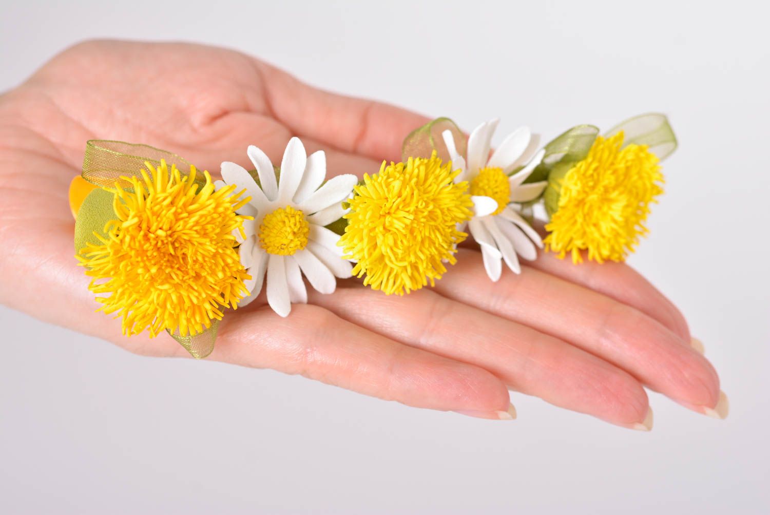 Pince cheveux faite main Barrette fleurs jaunes et blanches Accessoire femme photo 3