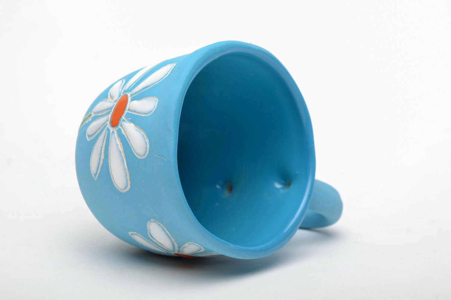 Small kids' ceramic clay 3 oz cup in blue color with camomile pattern photo 3